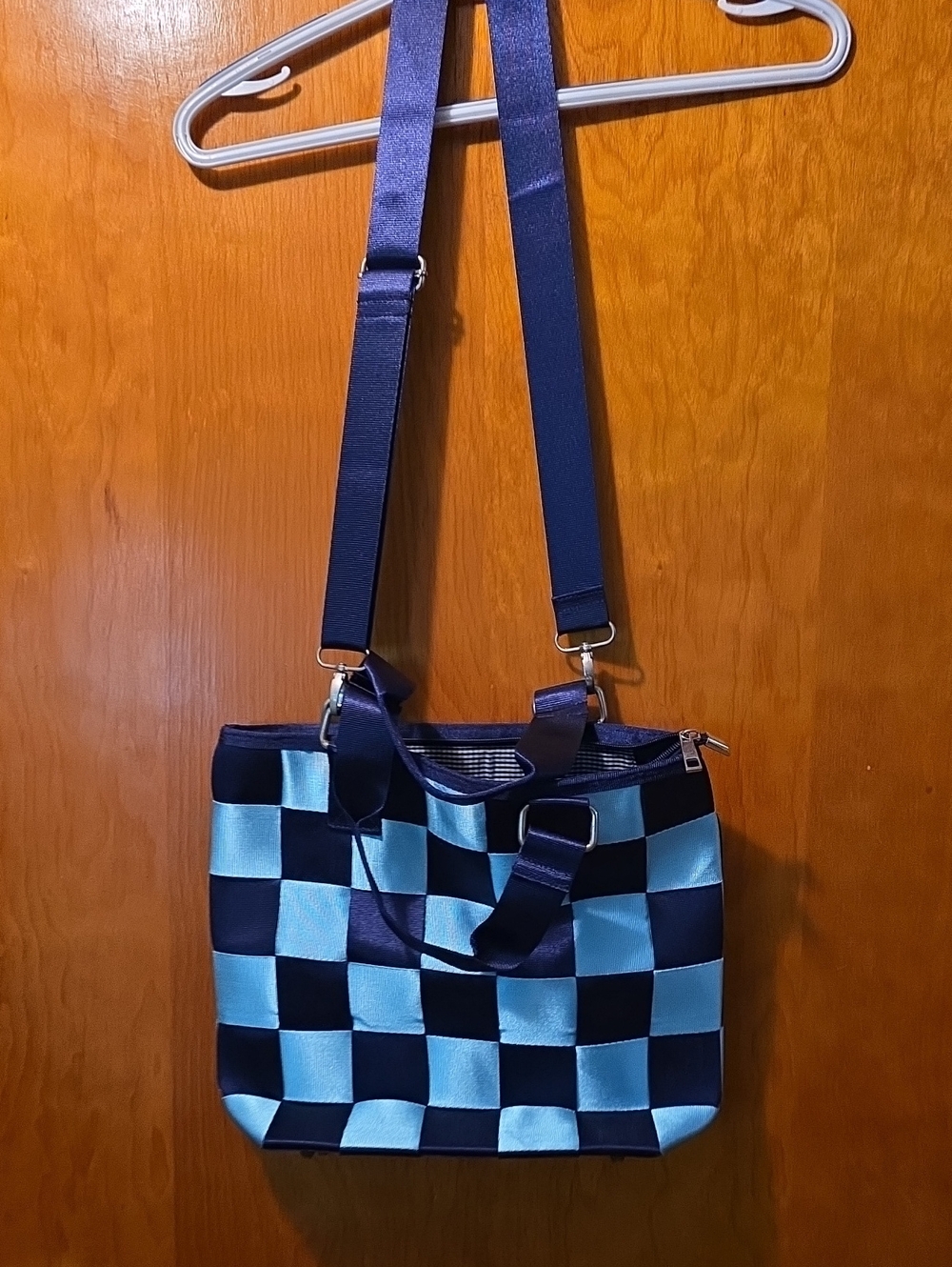 Navy and Light Blue Checkerboard Crossbody Tote